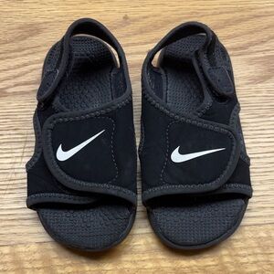 Nike Kids Black Sandals with White Swoosh Velcro Straps